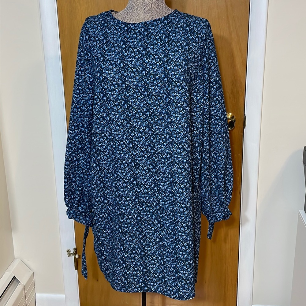 H&M Womens 12 Long Sleeve Shift Dress Black with Blue Floral Crew Neck